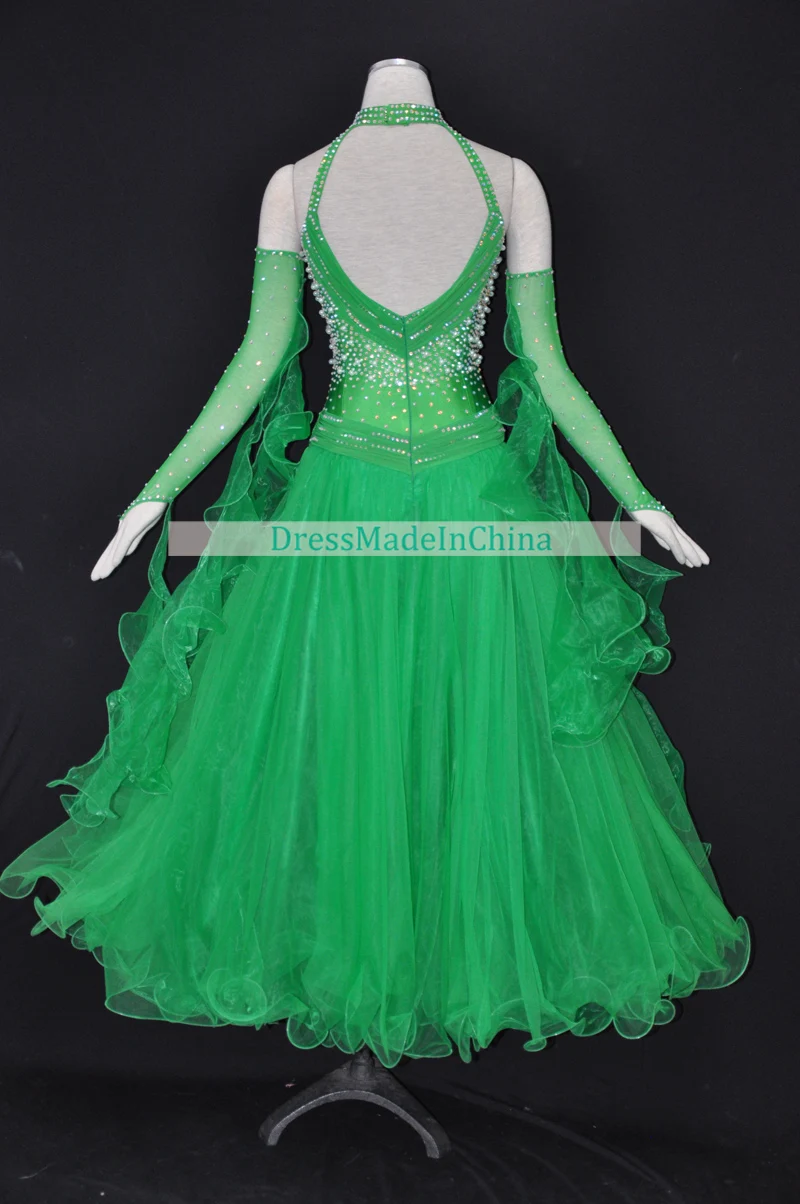 Vestidos de dança de salão de baile verde novo estilo feminino halter estilo sem costas flamenco valsa vestido de dança de salão