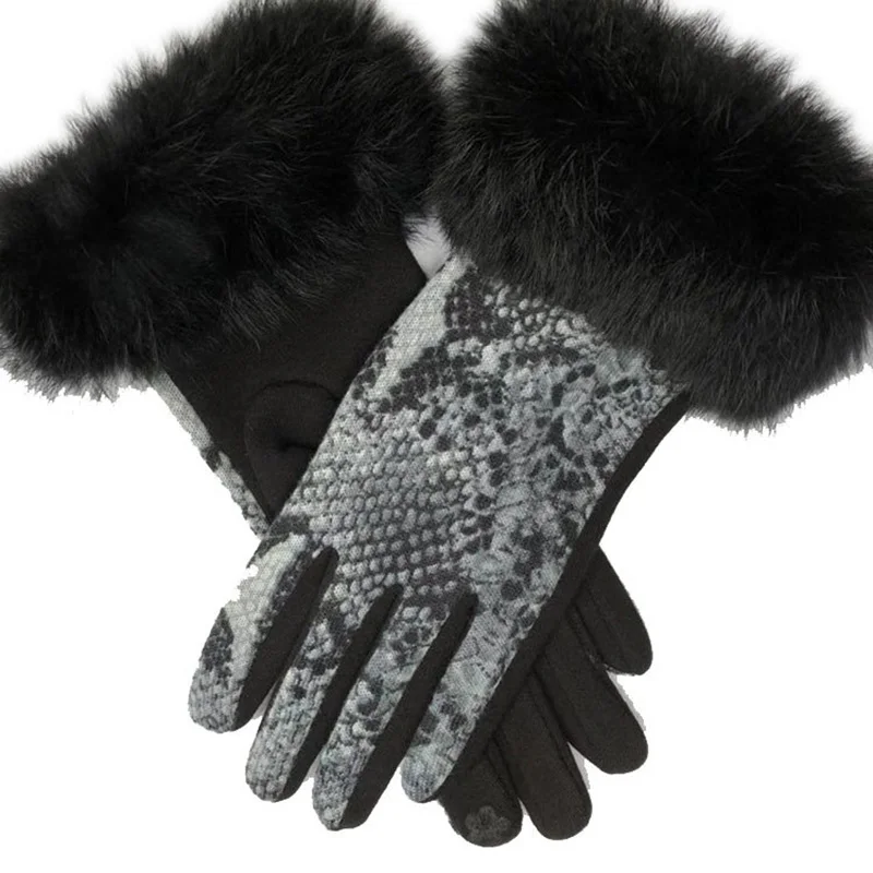 Winter women's snake print imitation rabbit fur fashion warm finger gloves plus velvet cold-proof touch screen gloves D70