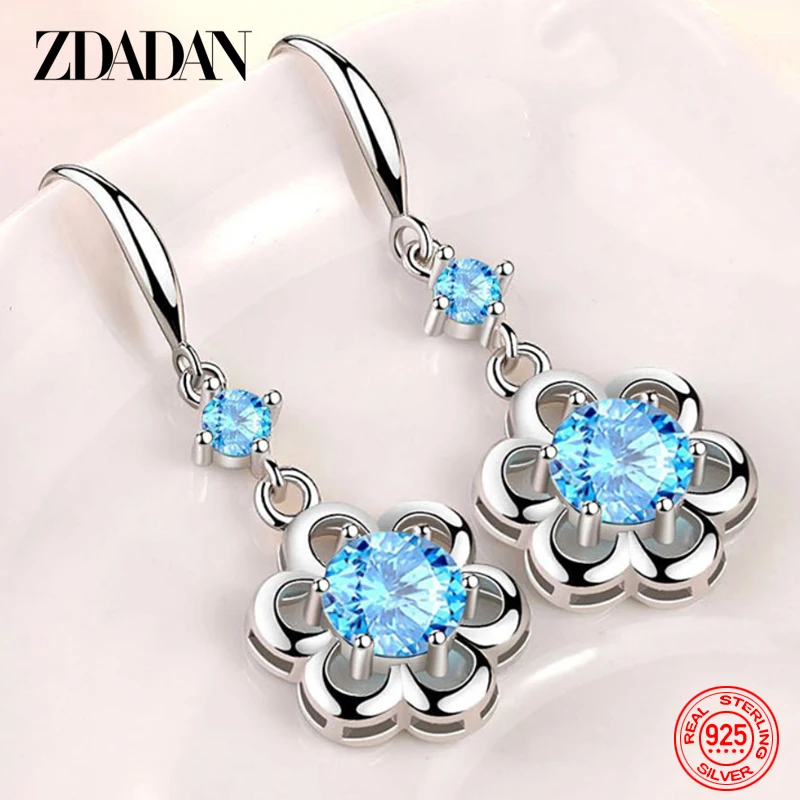 ZDADAN 925 Sterling Silver Zircon Petal Dangle Earrings For Women Fashion Jewelry Party Accessories