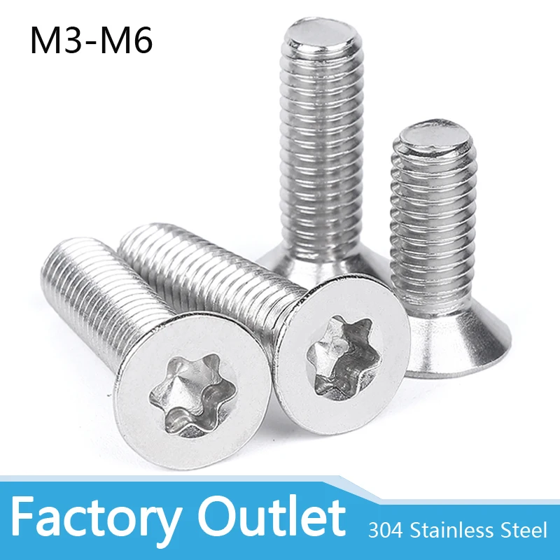 10/50pcs304 stainless steel Six Lobe Torx Flat Countersunk Head with Pin Tamper Proof Anti Theft Security Screw Bolt M3 M4 M5 M6