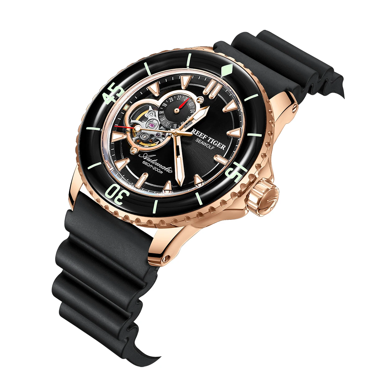 Reef Tiger/RT Luxury Dive Watches for Men Automatic Rose Gold Watches Rubber Strap Relogio Masculino RGA3039