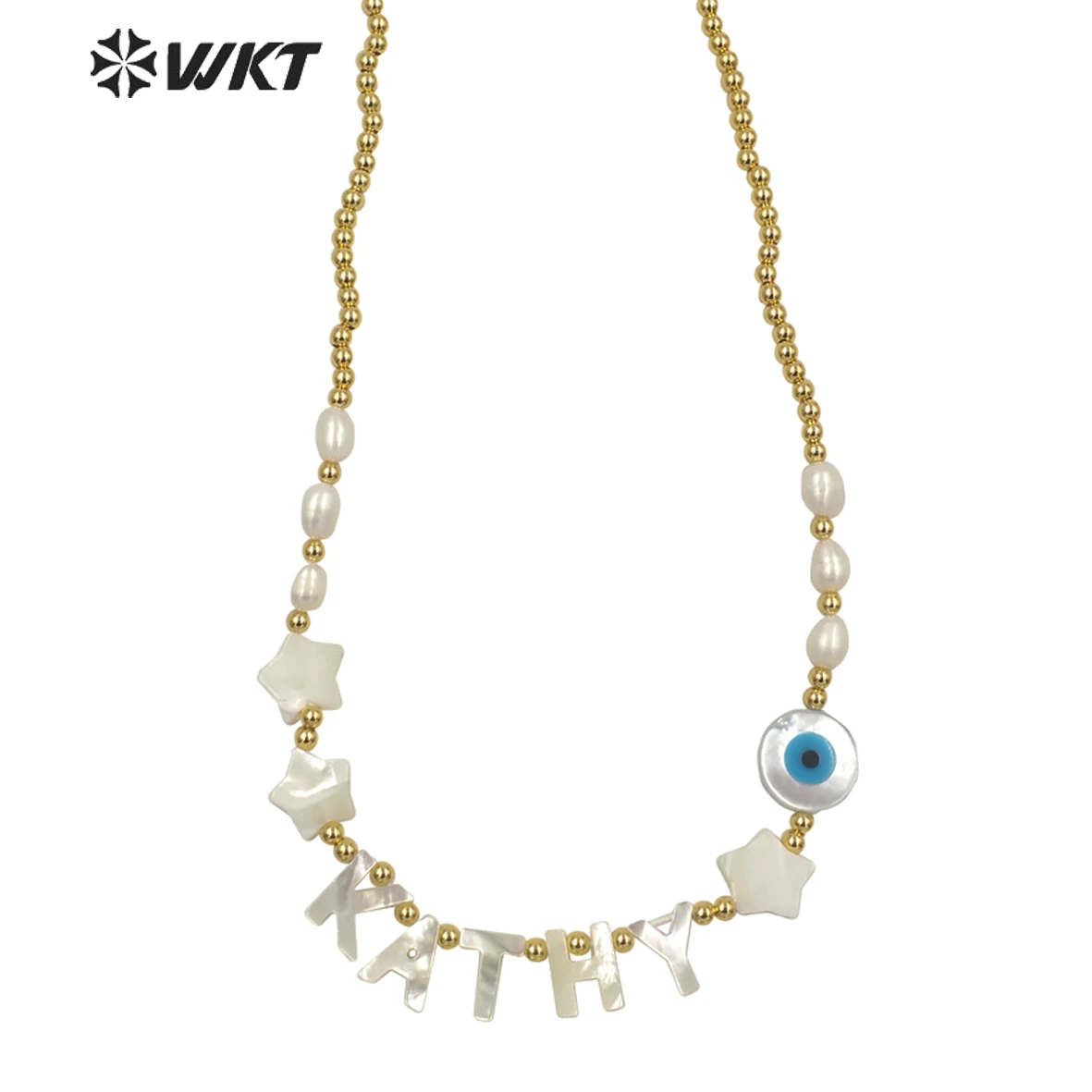 WT-JN138 Amazing white shell star necklace lady gold beads letters charm necklace handmade white charm letter pendant necklace