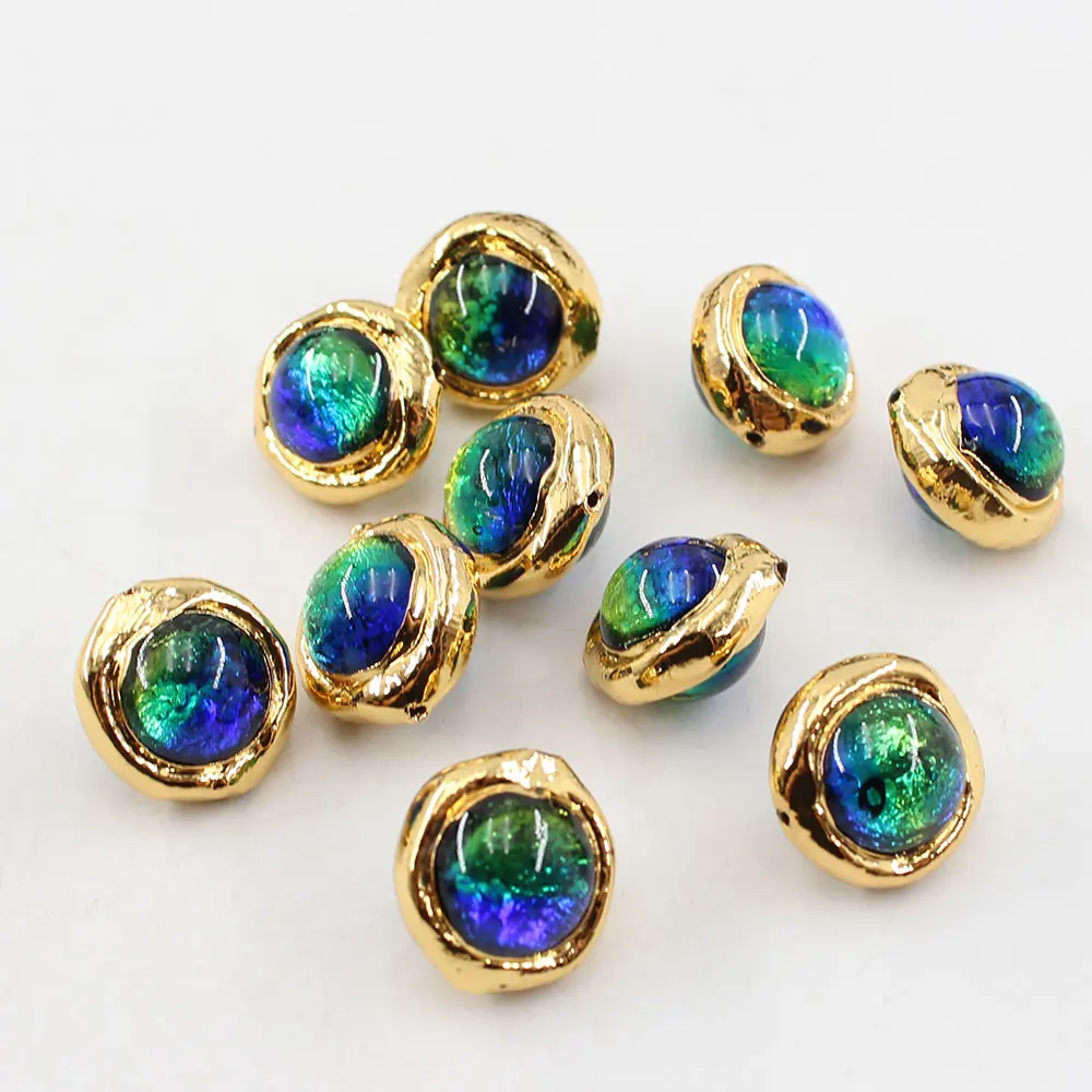 10Pcs 16MM Blue Moss Glass Coloured Glaze Loose Beads Gold Plated Connector Beads For Necklace Pendant Jewelry DIY