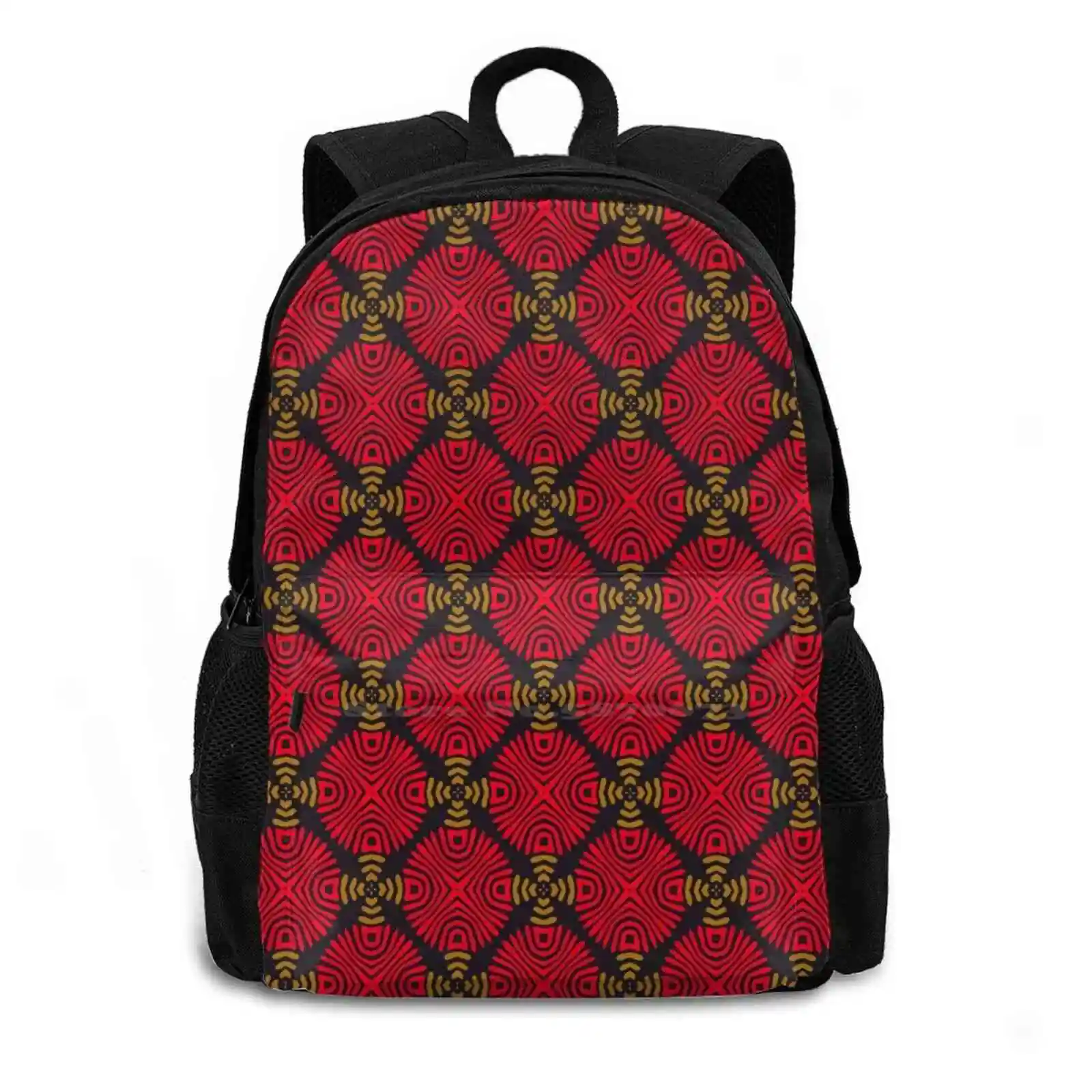 Al Traditional Red Circled Pattern Design School Bags Travel Laptop Backpack Moroccan Sahara Boho Hippie Bohemien Zoco Vintage