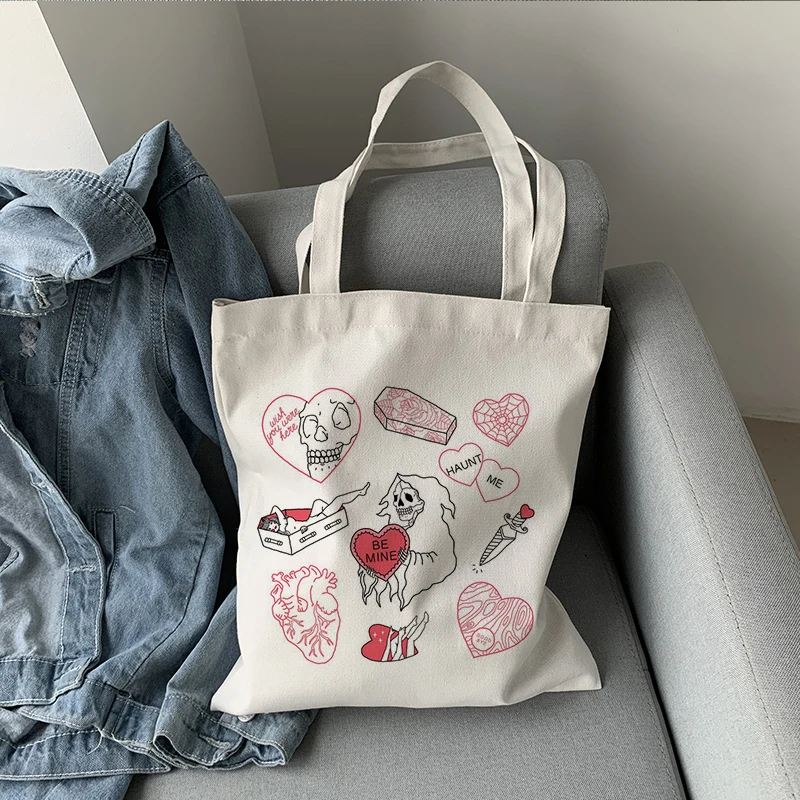 Korea Ulzzang art gothic school bag y2k anime canvas bag large capacity casual shopper bag Ins heart Harajuku women shoulder bag