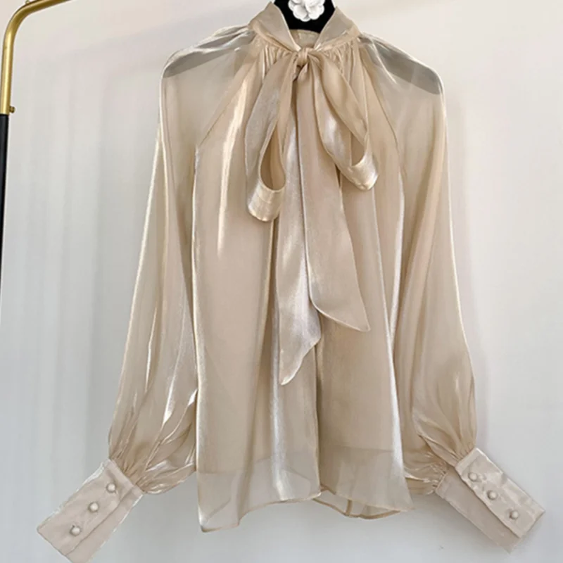 

new top 2021 women's design bow lantern sleeve shirt loose Yarn Chiffon Mesh blouse ol