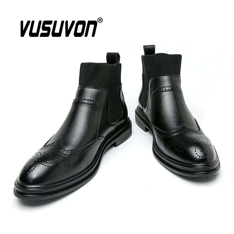 Italian Men PU Leather Boots British Business Brogue Shoes Male Comfortable Black Ankle Boots Fashion Retro Sock Shoes for Man