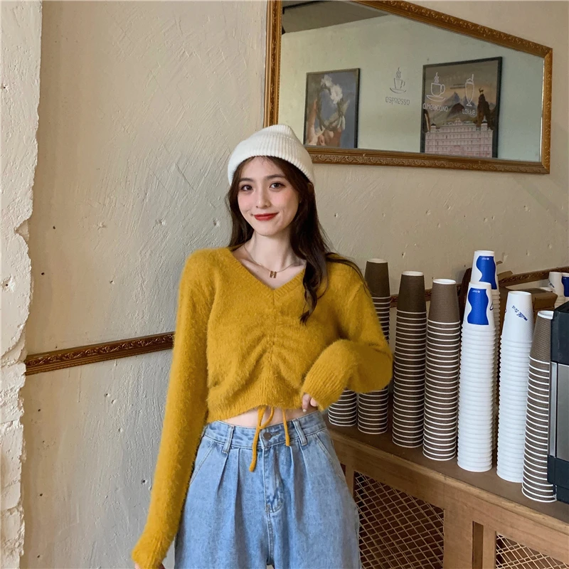 Woman Sweaters Autumn and Winter Faux Mink Drawstring Soft Short Pullover Sweater Solid Color V Neck Pullover Crop Top Clothing