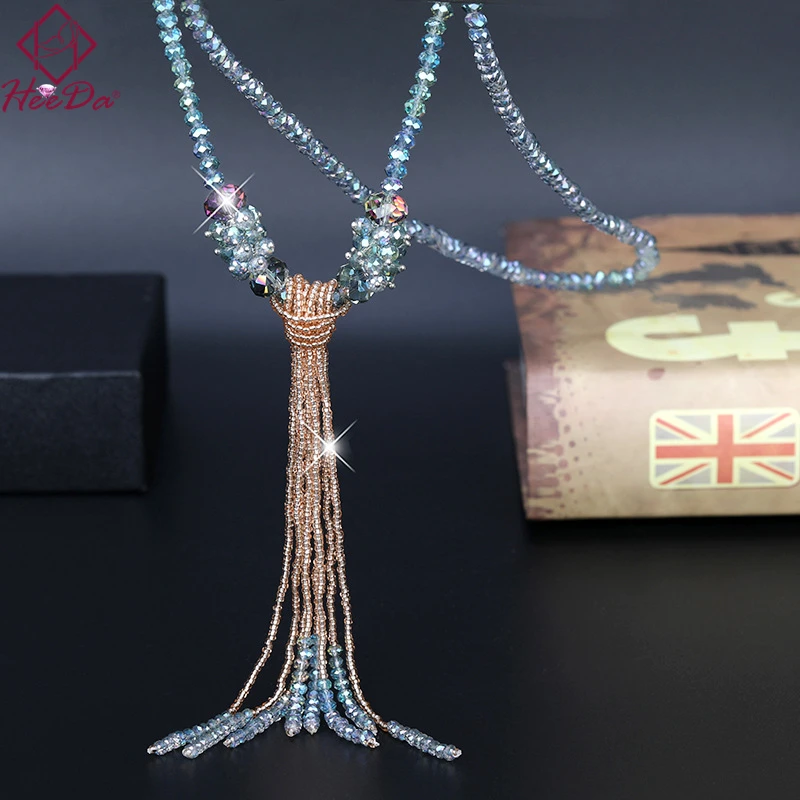 New Women Graceful Crystal Beads Strand Necklace Fashion Joker Long Tassel Sweater Chain Kpop Big Name Jewelry