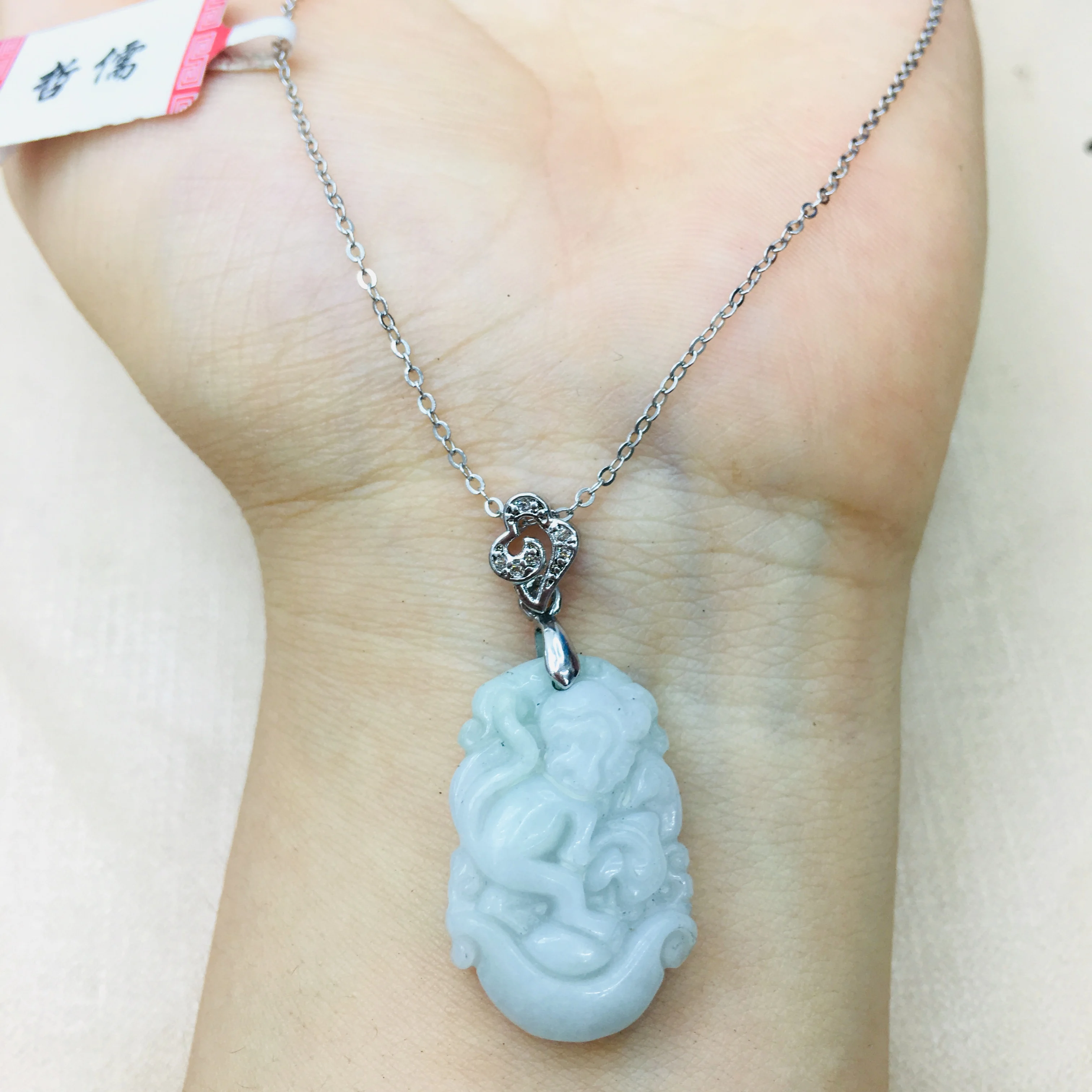 Natural Burmese Ajadeite Carved Zodiac Monkey Pendant with 925 Sterling Silver Necklace Elegant Lady Jade Clavicle Chain