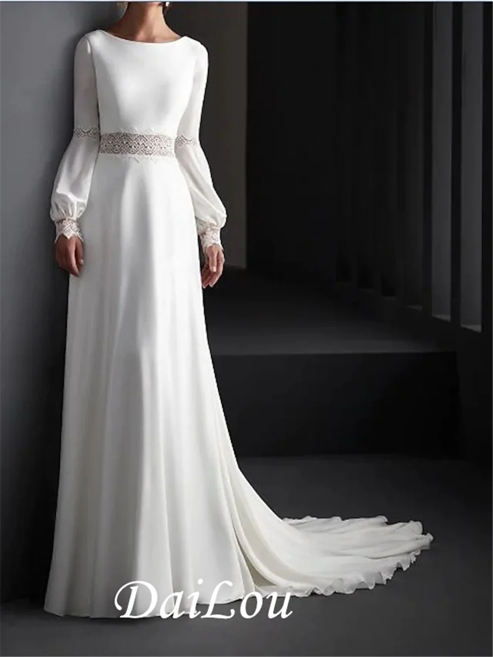 

A-Line Wedding Dresses Jewel Neck Sweep / Brush Train Lace Chiffon Long Sleeve Country Plus Size With Lace 2022