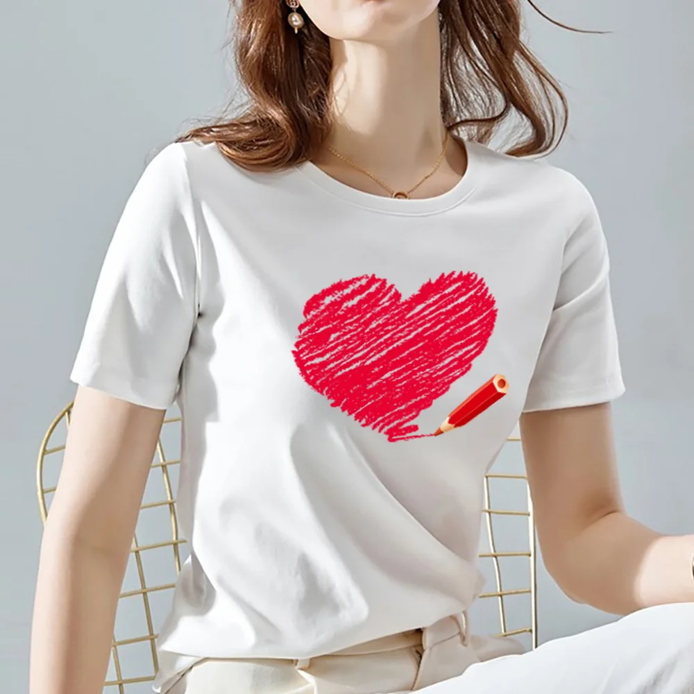 

Fashion Summer Women's T-shirt Love Heart Print Graphic Tee O-collar White Female Short Sleeve Women Fashion Harajuku Clothing