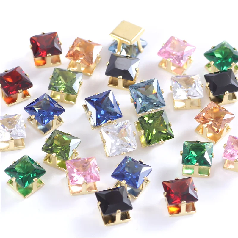 8mm Square Shape Glass Rhinestones With Gold Claw Sew On Zircon Crystal Stones Strass Sewing Decorations For Clothes Shoes Diy