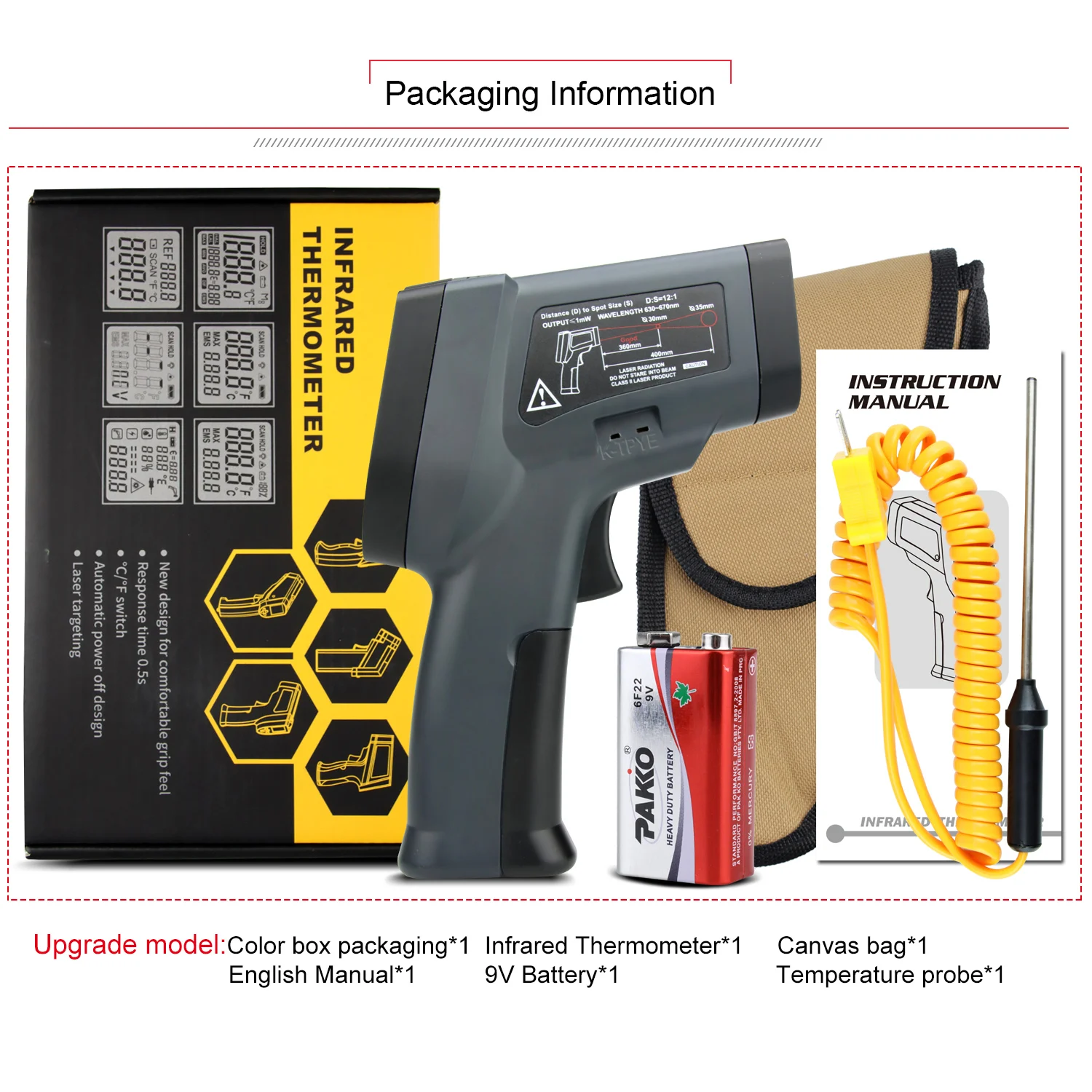 Non Contact High Temperature Infrared Laser Thermometer K-type Thermocouple Thermometer Double laser infrared thermometer