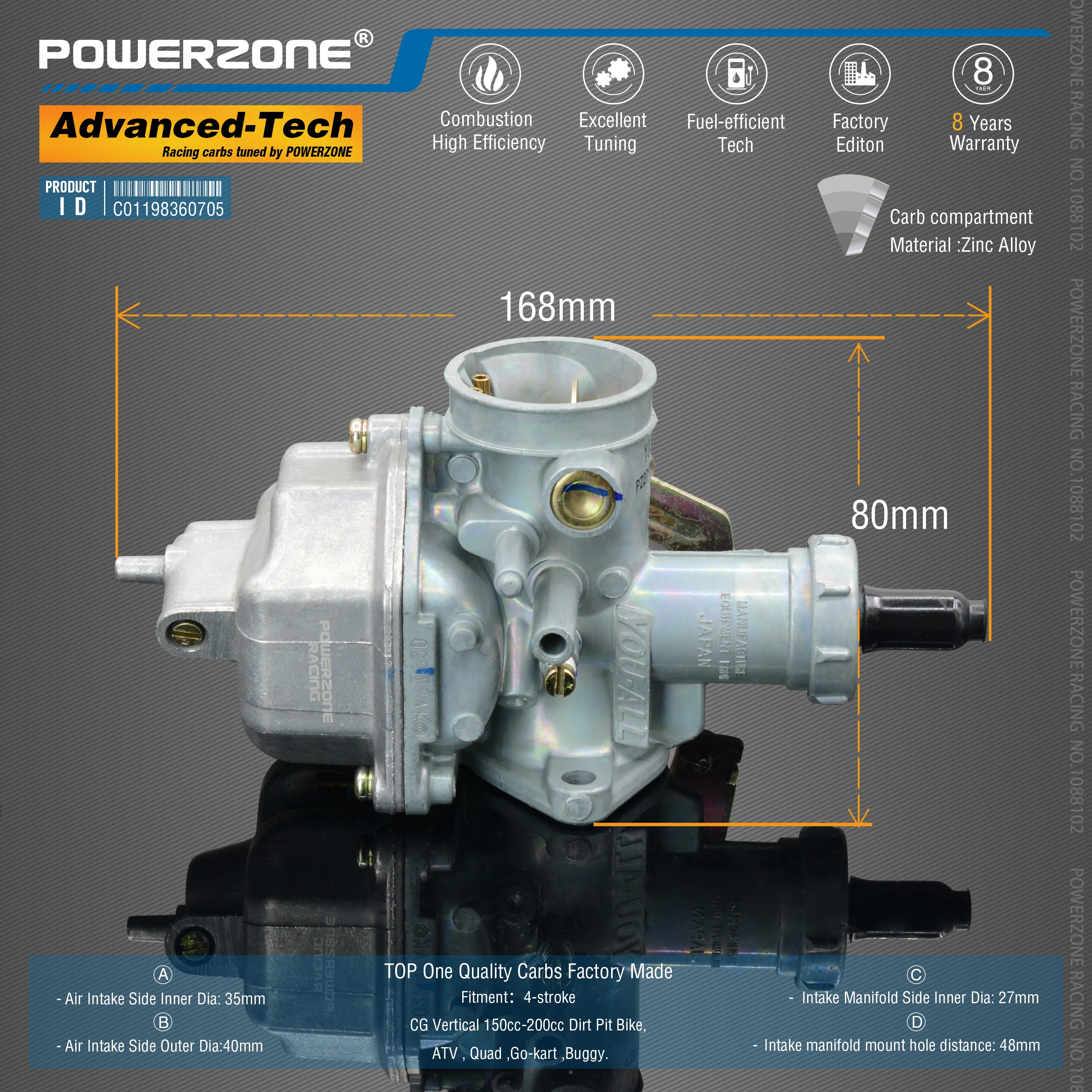 Powerzone  Carburetor PZ27 27mm  CVK  Accelerator Pump Carb For CG Vertical 150cc-200cc Dirt Pit Bike,ATV , Quad ,Go-kart ,Buggy