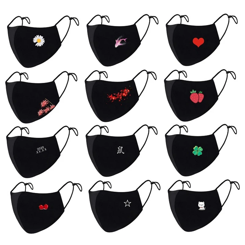 

Korean Cartoon Print Cotton Adult Washable Mask Adjustable 1 Pcs Dustproof Anti Pollution Black Mouth Mask Fabric Mascarillas