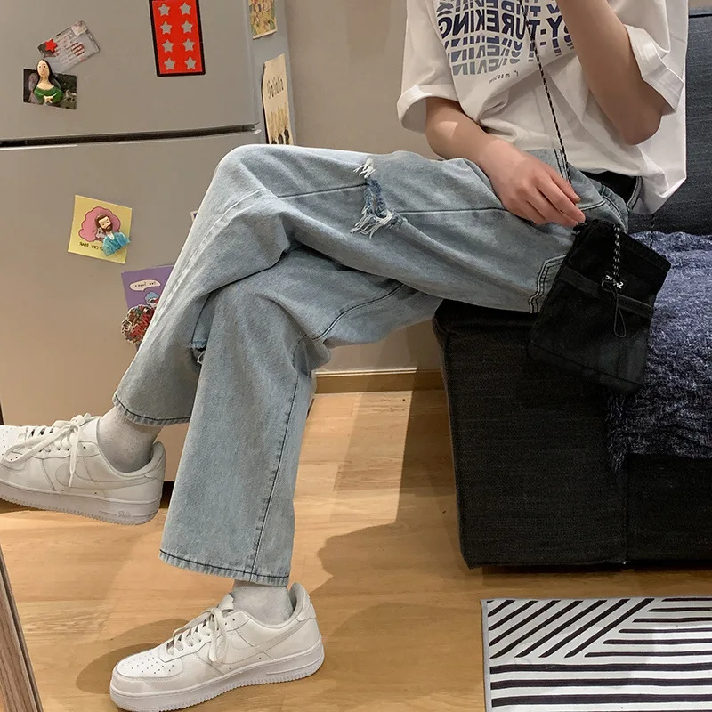 ICCLEK Men's Wide Leg Jeans Autumn Thin Men's Pants Loose Straight Pants Black Ripped Jeans  Men Jeans  Jeans