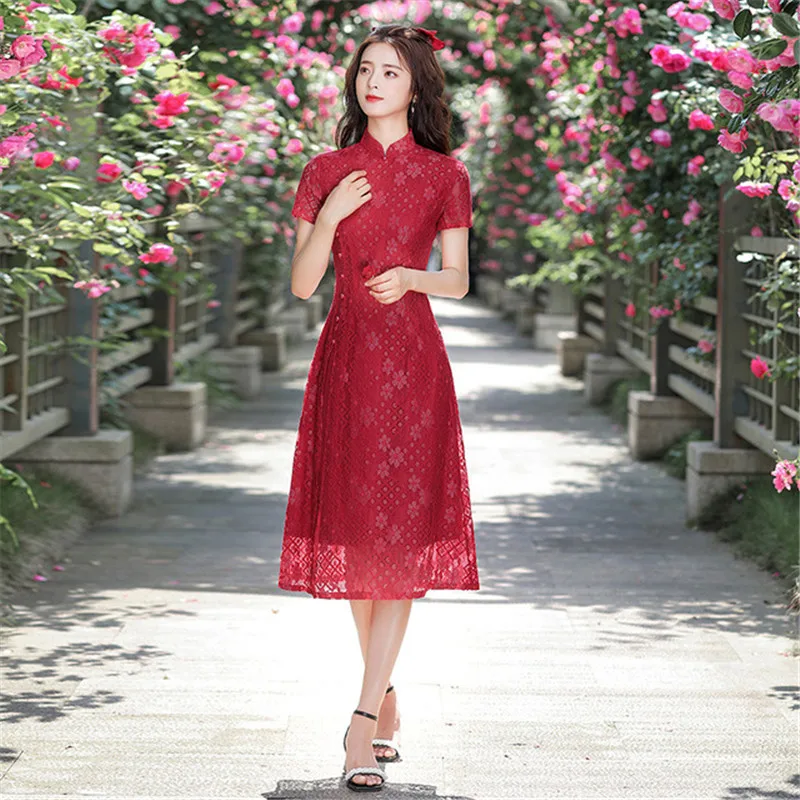 

Chinese Traditional Hollow Mesh Lace Cheongsam Women Elegant Asian Clothes Short Sleeve Stand Up Collar Vintage Qipao Vestidos