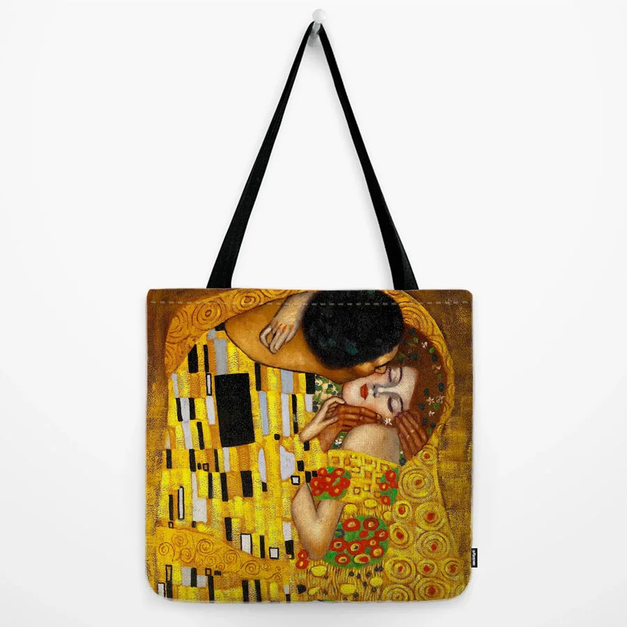 World Famous Gustav Klimt Oil Painting Kiss Gold Tear Cotton Linen Water Resistant Canvas Shopping Bag Large Tote Bag Handbag