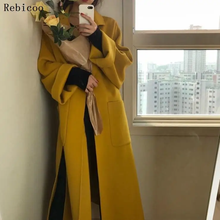 

Women Elegant Winter wool Overcoat Long Bandage Woolen Coat Cardigan Loose Abrigos Mujer Manteau Femme Hiver