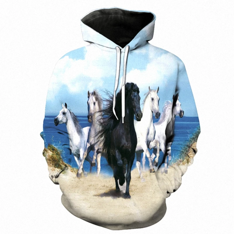 White Horse Animal Pattern 3D Printed Hooded Sweatshirts Unisex Outerwear Creative Hooded Men Fashion Casual Streetwear Hoodies