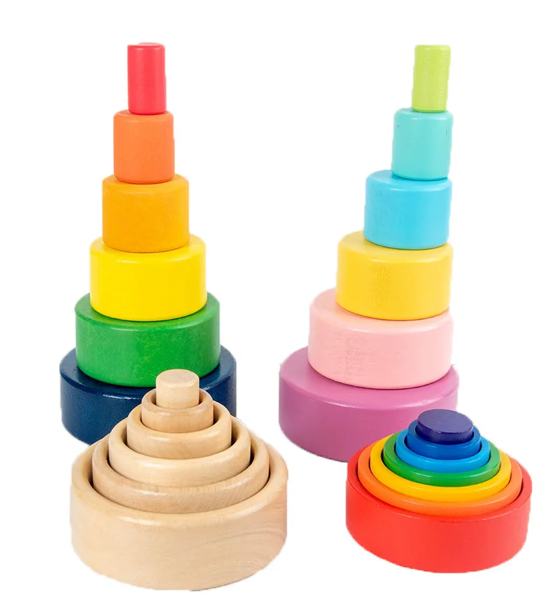 Wooden Rainbow Blocks Stacked Cup Building Block Wood Rainbow Stacker Stacking Toys for Kids Montessori Educational Rainbow Toy