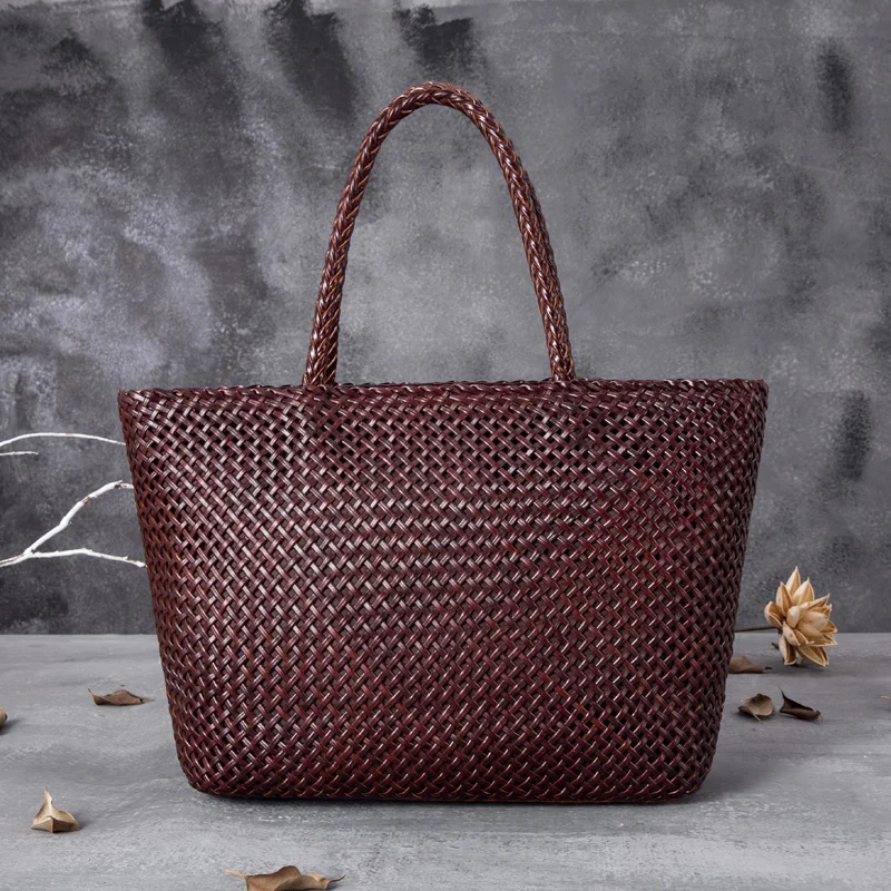 100% Genuine Leather Women Shoulder Bag summer Casual Inner Fabric Shopping Bag Vintage Tote Bag Cowhide hollow woven bag