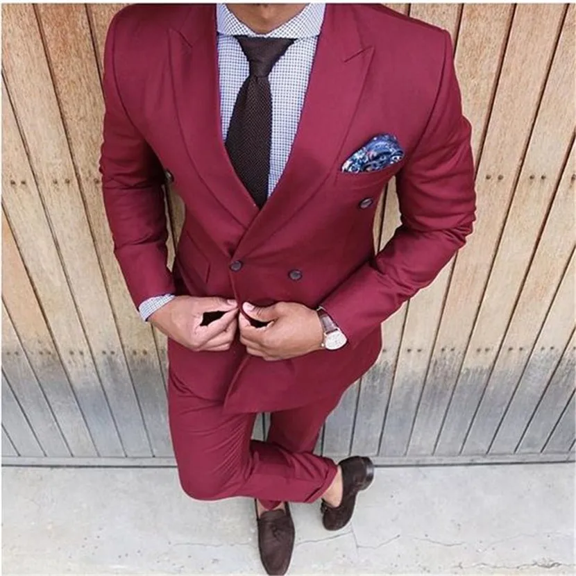 

JELTONEWIN Smoking Burgundy Double Breasted Men's Suits Peaked Lapel Blazer Groom Tuxedos Wedding Prom Party Slim Fit 2 Pieces