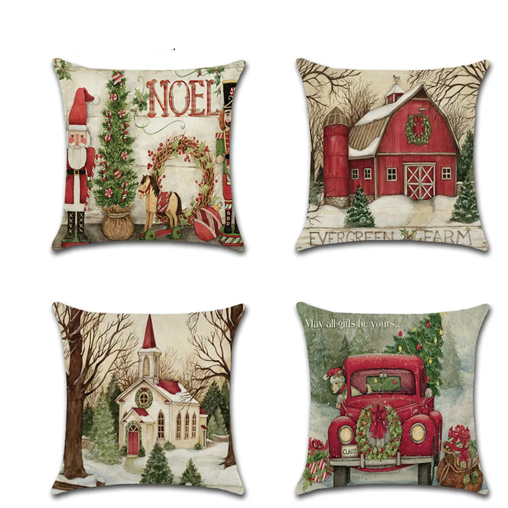 Cartoon Christmas  Cushion Set  Cabin Single-sided Fauxlinen Print Throw Pillowcase Decoration 45x45cm