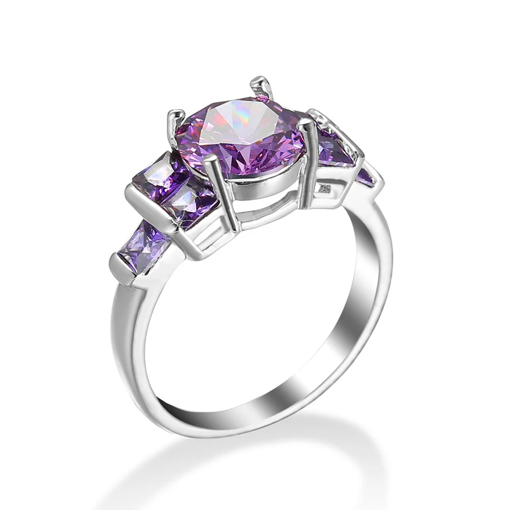 Jellystory 925 Sterling Silver Round Zircon Rings For Women Simple Vintage Purple Gemstone Wedding Anniversary Fine Jewelry