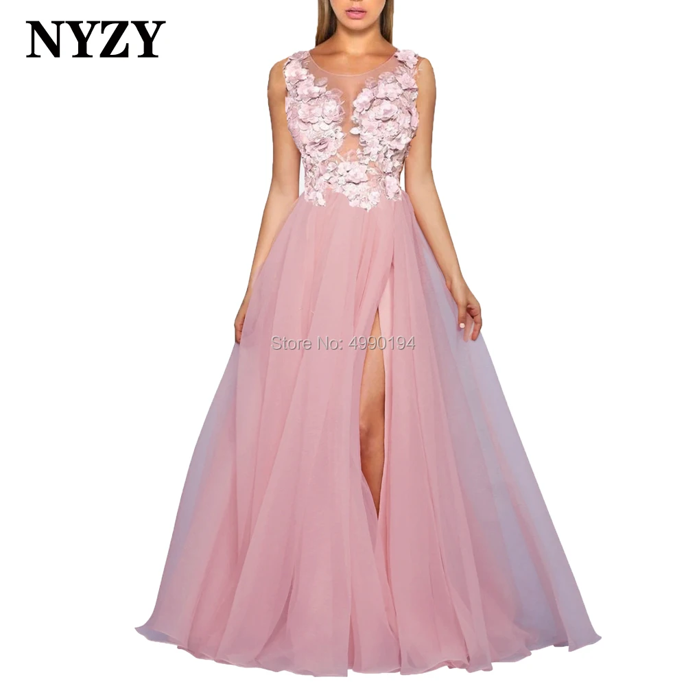 Sexy See-through High Slit Rosettes Pink Prom Dresses Long 2020 NYZY P102 Formal Dresses Party Night