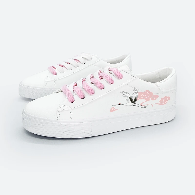 Amy and Michael New Fashion Chinoiserie Crane Shoes Wonem Ladies Girls Students White Sneakers Casual Pu Leather Vulcanized