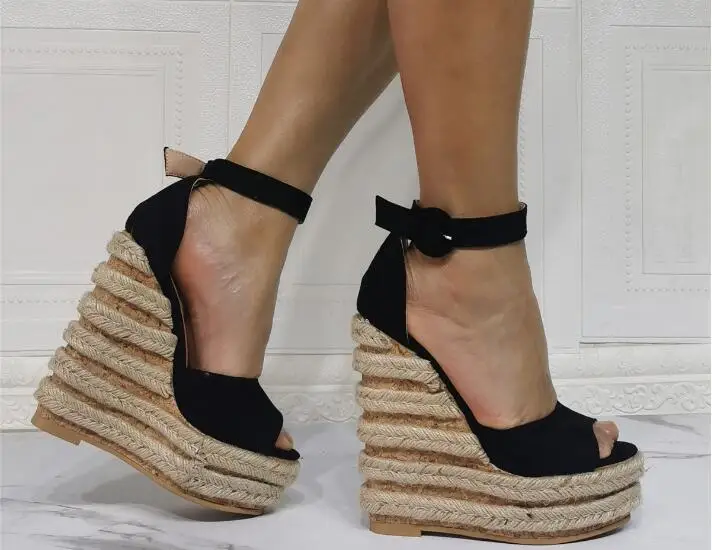 Summer Roman Style Sexy Black Suede Platform Wedge Sandals Woman Buckle Strap Cover Heel Thick Sole Supper Heels Sandals Shoes