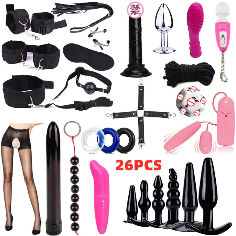 Women Fetish Mouth Gag Handcuffs Bondage Restraint Dildo Vibrator Anal Plug Nipple Clip Vibrator Adult Sex Toys Bdsm Set