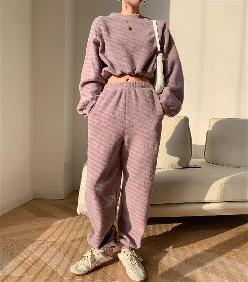 LMQ NEW Women Autumn Winter Two-Piece Sets Loose Padded Hoodies Sweatshirt And Pants Suits Navel Tops