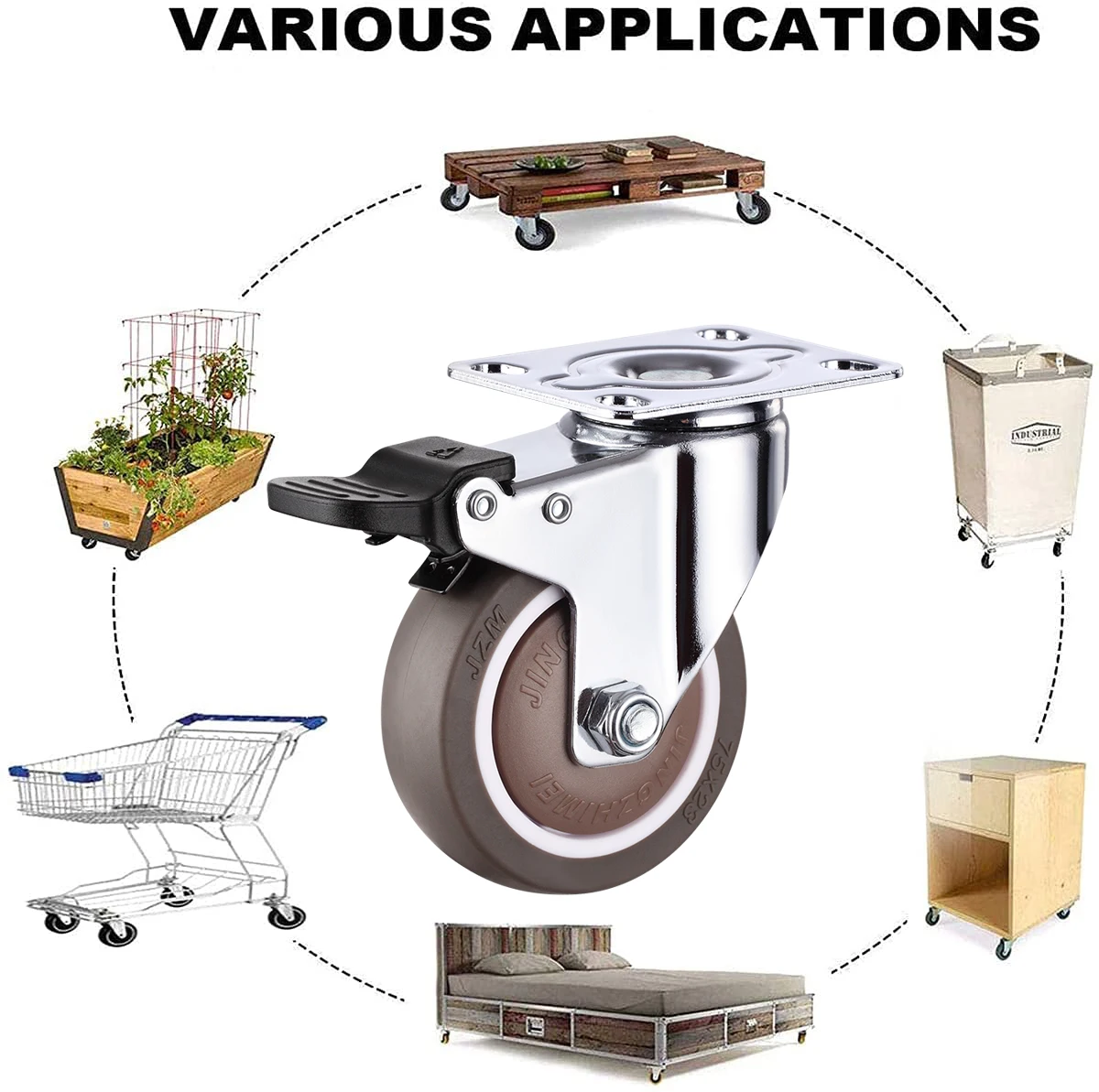 4Pcs Rubber Swivel Casters Wheels , With Brake No Noise Lockable Wheels Mobile wheels For Furniture, Medical Equipment, Trolleys