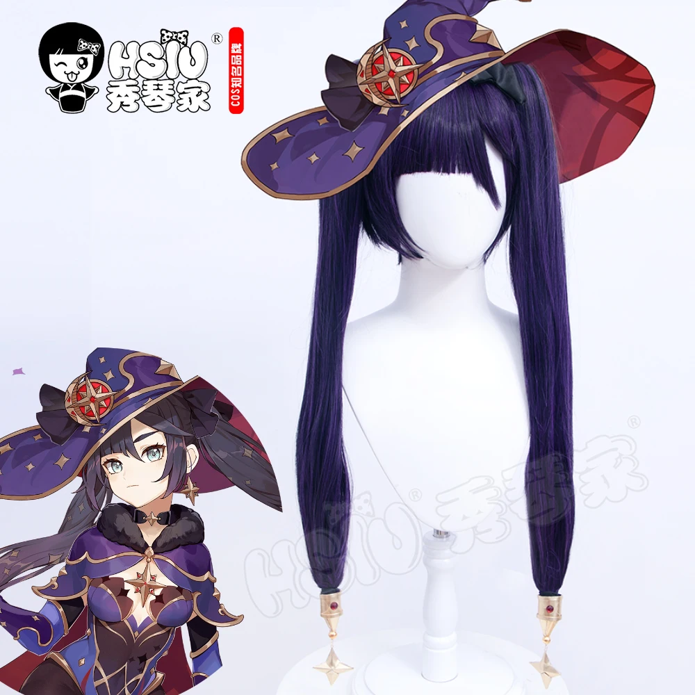 

Mona cosplay Wig Genshin Impact cosplay Wig HSIU Black and purple mixed color double ponytail long hair+Free gift brand wig cap