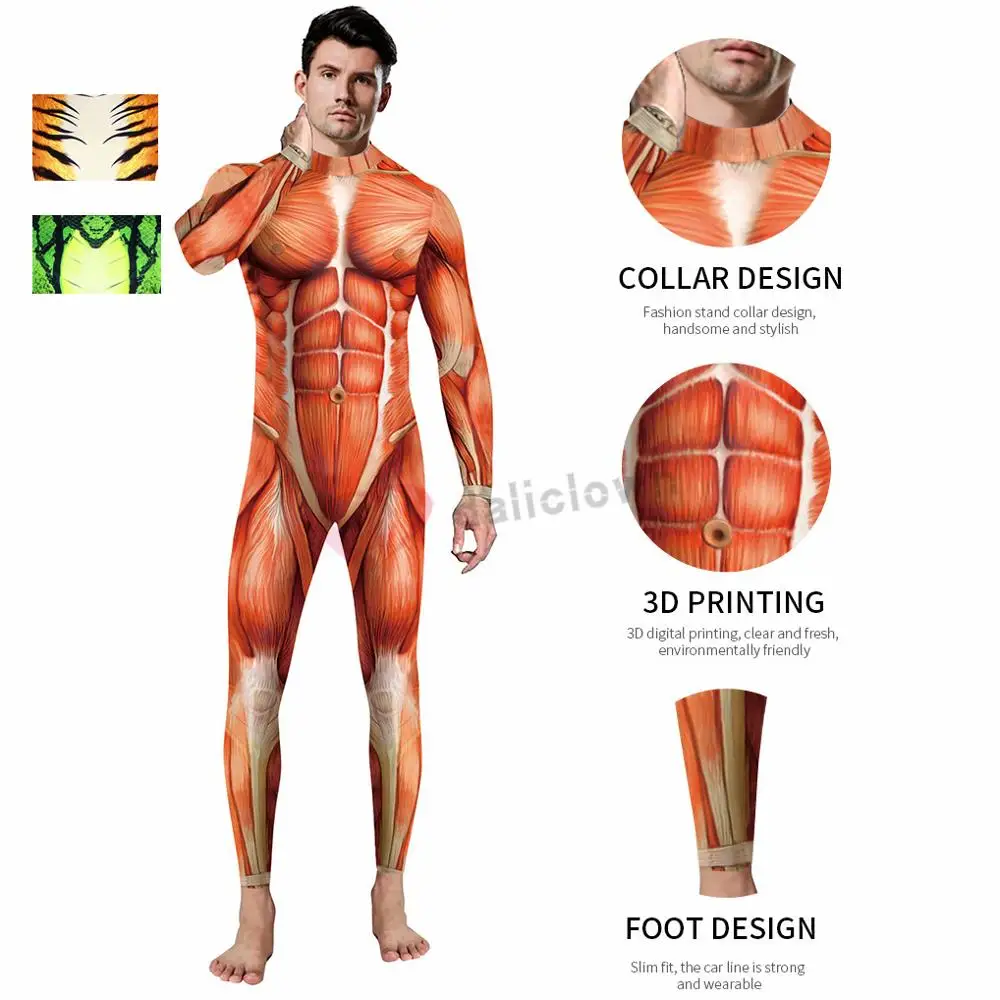 Costumi da uomo Sexy di Halloween Animal Party Zentai Catsuit Suit Tiger Snake stampa 3D Muscle Cosplay body tute