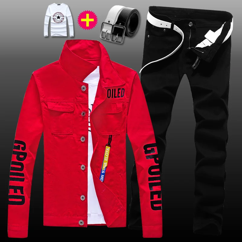 New Mens Denim Jacket Jeans Pants Slim Fit 2pcs Set Boys Casual Letters Printed Coat Trousers with Pendant Candy Color