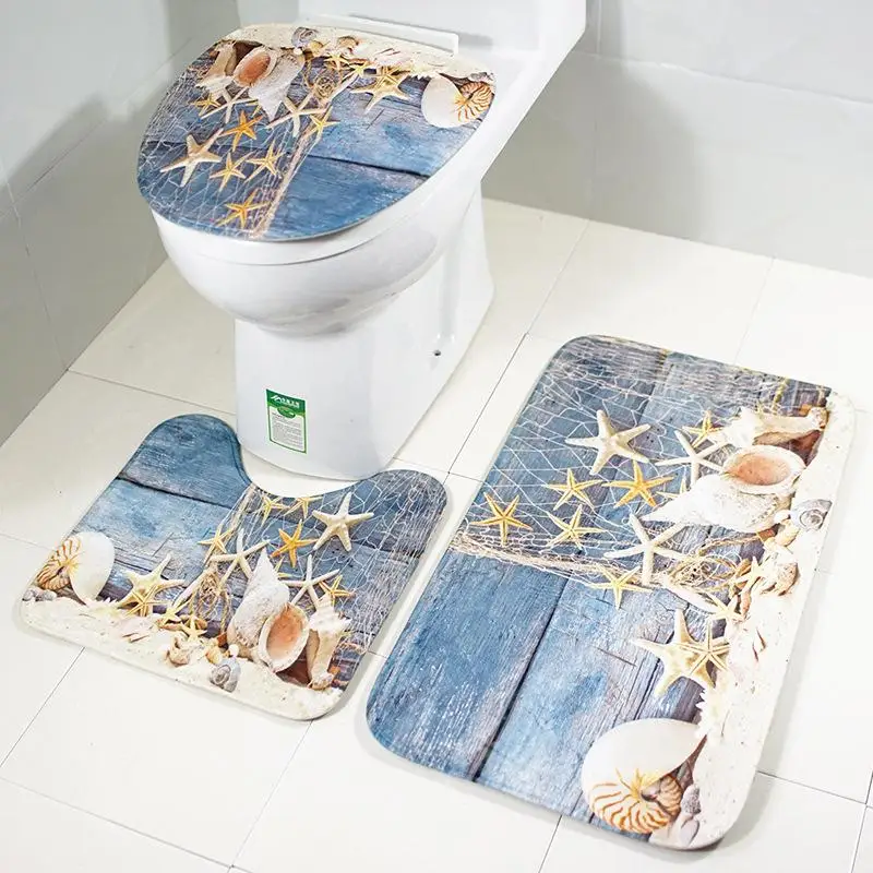 3pcs/lot Conch Flannel Fabric Toilet Seat Cover Sea Style Toilet Case Bathroom Door Non-slip Mat Home Decoration ZT392