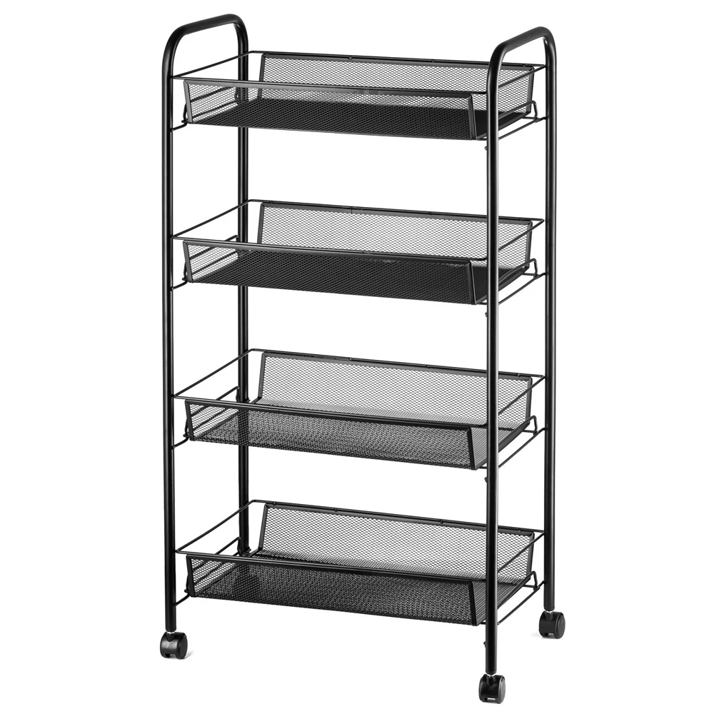 Storage Cart Rack Shelf Stand with Hook Exquisite Honeycomb Net Four Tiers Black U.S. Stocks