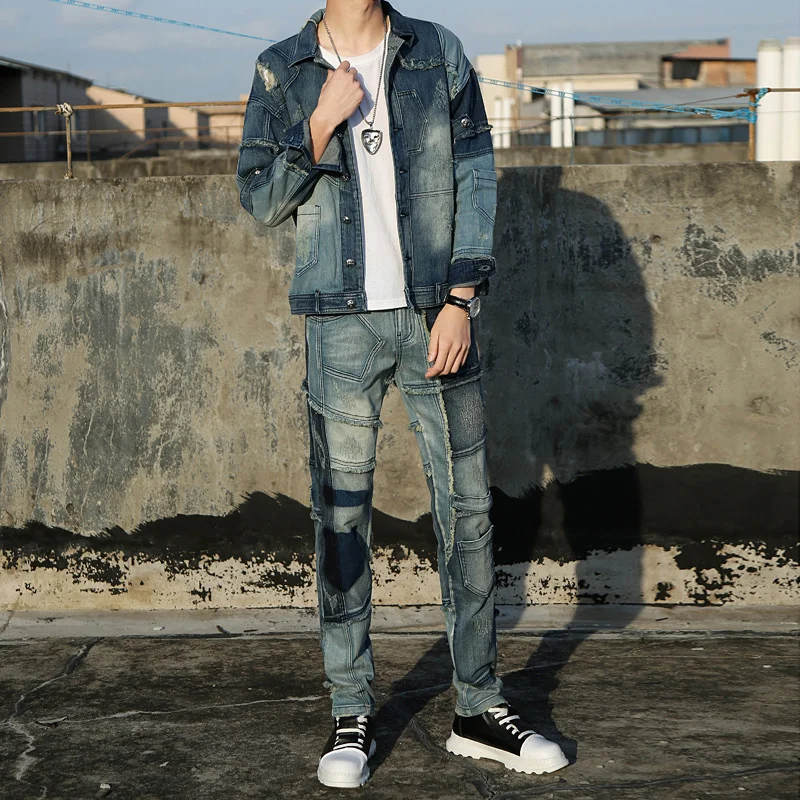 Mixed Personality Colors Spliced Autumn Winter Mens Loose Denim 2Pcs Sets Long Sleeve Single Breasted Jackets Full Length Pants