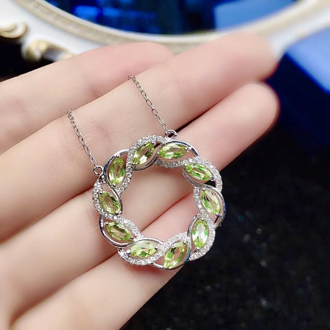 Fashion Silver Wreath with Gemstone 3mm*6mm 100% Natural Peridot Necklace  Pendant  925 Sterling Silver Peridot Jewelry