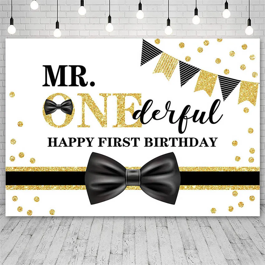 

Avezano Photography Backdrop Happy First Birthday Mr Bow Tie Golden Polka Dot Backgrounds Photo Studio Photozone Photocall Decor