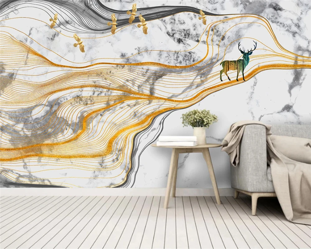 beibehang Customized modern marble abstract gold thread flying bird deer forest new Chinese style background 3d wallpaper