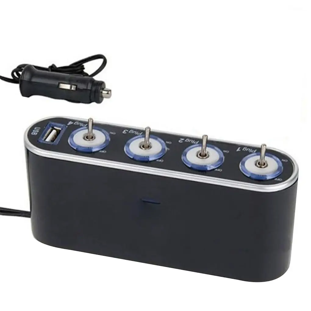 12V 4 Way Car Charger Vehicle Auto Cigarette Lighter Socket Multi Socket Splitter with USB Ports Plug Adapter