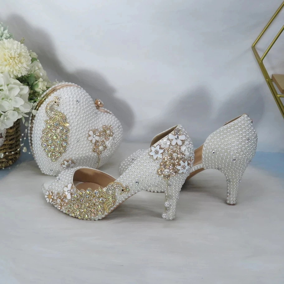 2024 Summer New Women Wedding Shoes Bride Handbag Set Open Toe Sandal and Bag White Pearl Party Dress Shoes Peacock 8cm Pumps