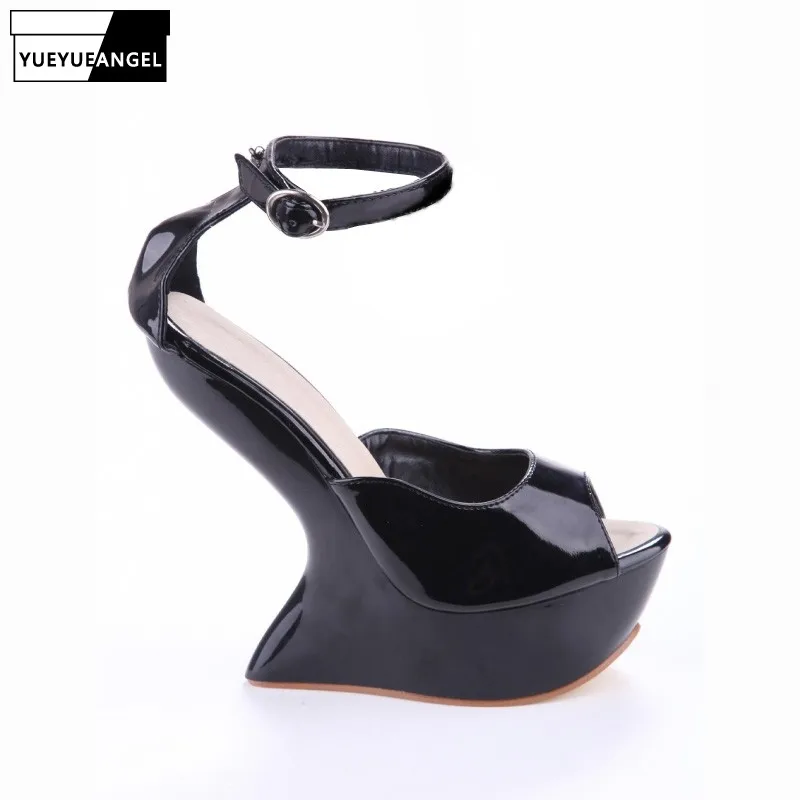 Summer New Red Black Wedge Sandals Women Sexy Ankle Strap Platform Super High Heel Party Sandal Fashion Peep Toe Stripper Shoes