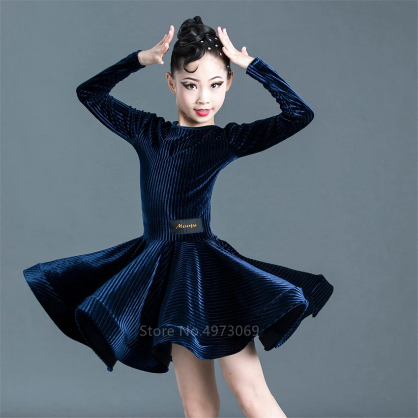 Latin Dance Dress Full Sleeve Velvet Skirts for Girl Children Autumn Winter Ballroom Tango Salsa Vestidos Women Stage Costume