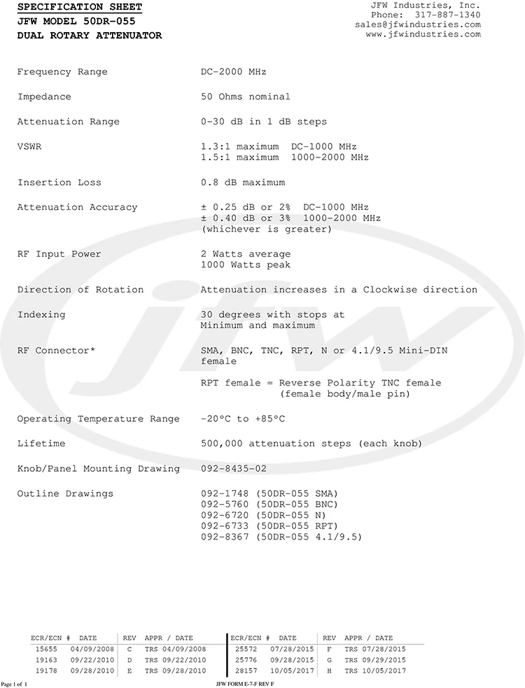 Atenuador ajustável da etapa do rf de jfw 50dr-055 DC-2GHz 0-30db 1db 2w sma